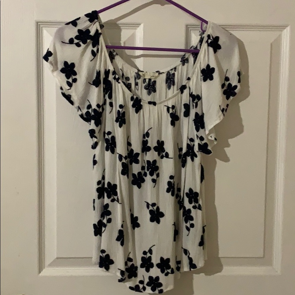 Off the shoulder white with navy blue embroidery